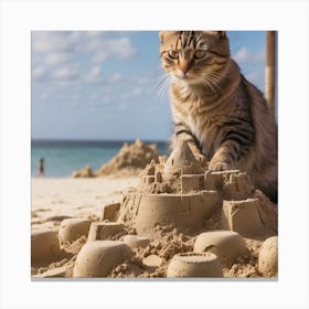 Cat Playing In Sand Castle Canvas Print