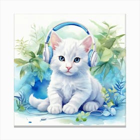 White Cat With Headphones Canvas Print