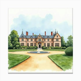 Watercolor Scene Of The Waddesdon Manor In Buckinghamshire, Featuring Its Grand Design And Picturesque Landscape Canvas Print