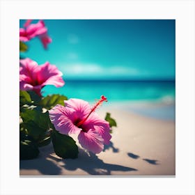 Pink Hibiscus Flowers on the Summer Beach Canvas Print