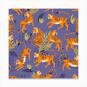 Tiger Pattern On Purple With Green Tropical Leaves Square Canvas Print