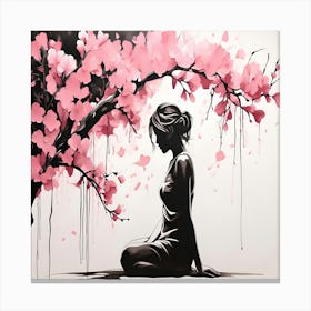 Cherry Blossom Meditation Sumi-e Ink Art of a Woman in Tranquility Lienzo