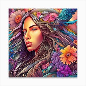 Beautiful Abstract of colorful Woman with flowers Canvas Print