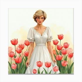 Princess Diana In A Watercolor Scene With A Field Of Delicate Tulips 1 Canvas Print