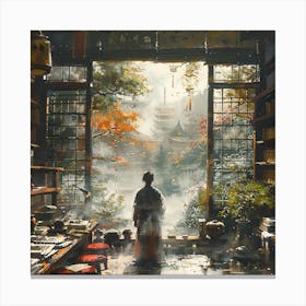 Asian Woman In A Library Canvas Print