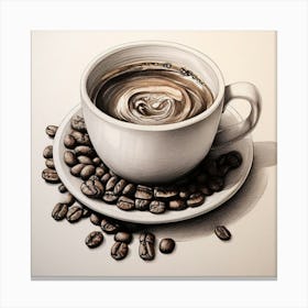 Coffee Cup With Coffee Beans, Coffee Wall Art Detailed In Subtle Pencil Shading Integrate Coffe. Canvas Print