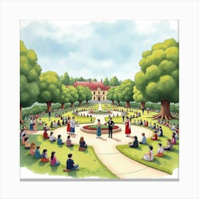 English Park With Romanian Cultural Performances, Illustrated In Watercolor 1 Canvas Print