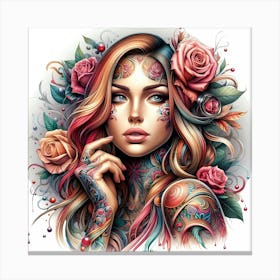 Tattooed Girl With Roses Canvas Print