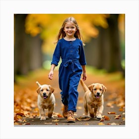 Little Girl With Labrador Puppies Canvas Print