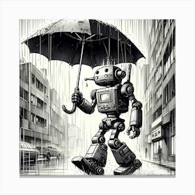 Robot Holding An Umbrella In The Rain, Ink Drawing Canvas Print