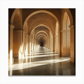 Arched Corridor With Sunlit Stone And Reflective Floors Canvas Print