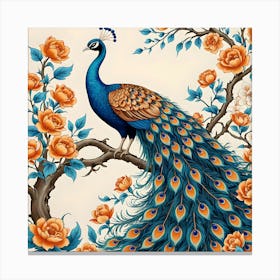 Peacock Ebetween Blue and Orange Flowers Canvas Print