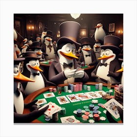 Penguins At The Poker Table Canvas Print