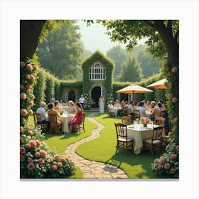 A Charming English Garden Party With Guests In Elegant Attire And Floral Decorations 1 Canvas Print