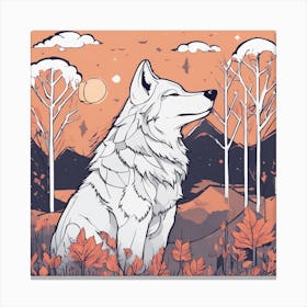 Sticker Art Design, Wolf Howling To A Full Moon, Kawaii Illustration, White Background, Flat Colors, (5) Canvas Print