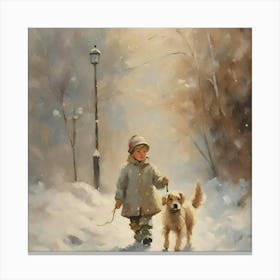 Boy And His Dog In The Snow Canvas Print