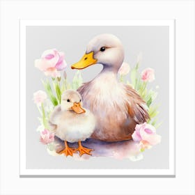 Watercolor Spring Mama And Baby Ducks Canvas Print