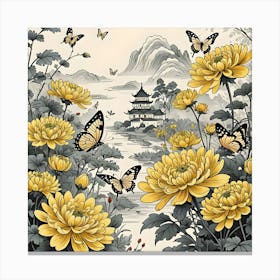 Chinese Landscape With Chrysanthemums And Butterflies, Yellow And Black Canvas Print