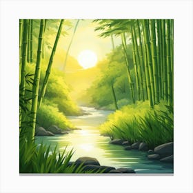 A Stream In A Bamboo Forest At Sun Rise Square Composition 8 Canvas Print