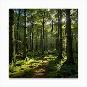 A Tranquil Forest With Towering Green Trees And A Carpet Of Moss Covered Ground, With Dappled Sunlight Creating A Serene And Magical Atmosphere Canvas Print