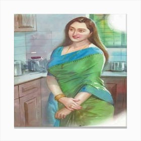 Indian Woman In Kitchen Canvas Print