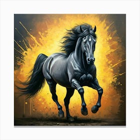 A Painting Of A Black Horse Galloping With A Vibrant Yellow And Orange Splattered Background Canvas Print