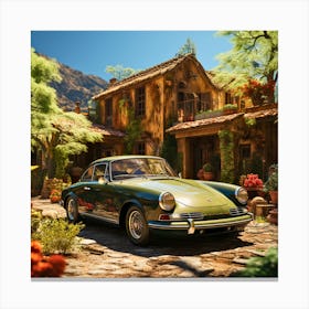 Timeless Harmony: Classic Car and Historic Home Canvas Print