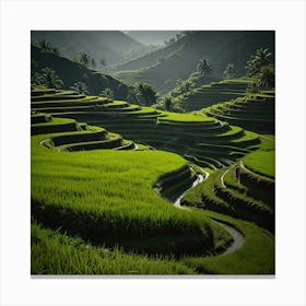 A Tranquil Rice Terrace In Southeast Asia With Lush Green Paddies And A Blue Sky Canvas Print