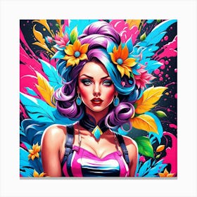 Colorful Girl With Flowers Canvas Print