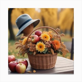 Photo An Autumn Flower Arrangement In A Basket Is On The Table Next To A Hat And Apples 2 Canvas Print