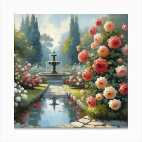 Rose Garden With The Fountain, Acrylic Style Painting 5 Canvas Print