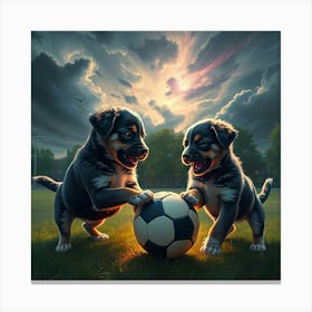 A Dramatic Digital Painting Of Puppies Playing With A Ball In A Park Under An Intense, Stormy Sky, With Iridescent Reflections And High Tension Leinwandbild