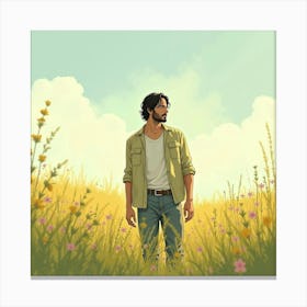 Keanu Reeves In A Tranquil Watercolor Meadow With Soft Sunlight Canvas Print