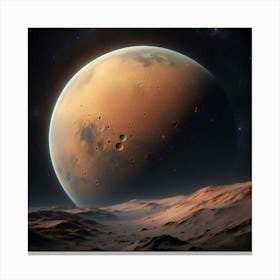 This shows a realistic view of the planet Mars from the surface, showing the barren, rocky landscape and the thin atmosphere, with the Sun in the background Canvas Print