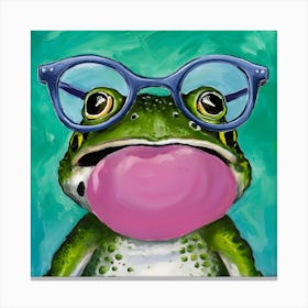 Frog With Big Bubblegum And Glasses Animal Art 3 Canvas Print