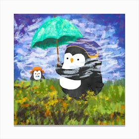 Penguin With Parasol Monet Art Series Canvas Print