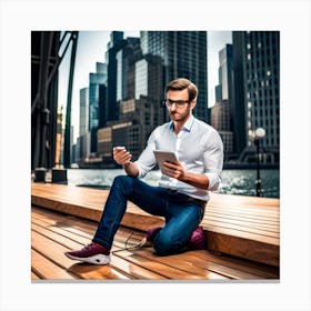 Young Man Using A Tablet Canvas Print