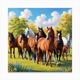 Horses In A Field Canvas Print