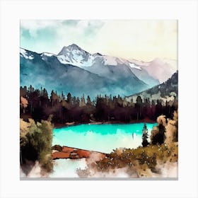 Watercolor Of A Mountain Lake, Banff National Park Canvas Print