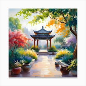 Water Color Oil Painting Of A Tranquil Zhen Garden Canvas Print