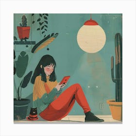 Girl With Cactus Canvas Print