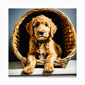 A Photo Of A Goldendoodle Puppy Sitting In A Baske Canvas Print