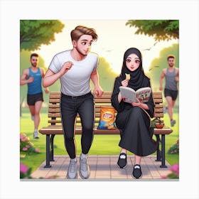 Muslim Couple Running In Park Canvas Print