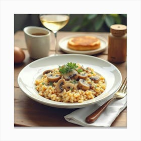 Watercolor Depiction Of A Rich And Creamy Mushroom Risotto On A Cozy Dining Table Canvas Print