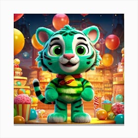 Charming Green Tiger With Yellow Eyes Exuberant In A Candy Store 3d Animated Character Embodying Canvas Print