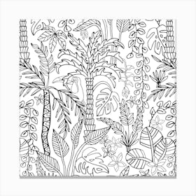 COLOURING BOOK JUNGLE Floral Doodle Tropical Palm Trees Monstera Plants Toucan Line Drawing in Black and White Canvas Print