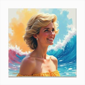 Radiant Princess Diana Smiling, Colorful Watercolor Waves In Background 1 Canvas Print