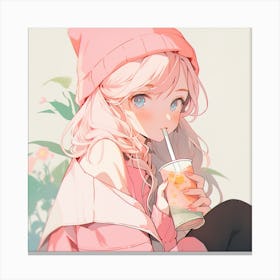 Anime Girl Drinking A Drink Canvas Print