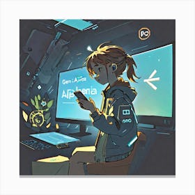 Anime Girl Sitting In Front Of Computer Canvas Print