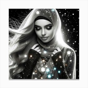 A Young Woman Wearing a Headscarf with Stars on It, With Her Eyes Closed and a Peaceful Expression on Her Face, Against a Black Background with Stars Canvas Print